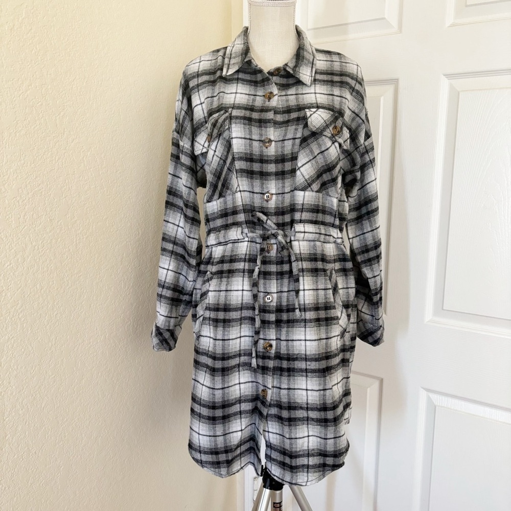 CiSono Plaid Collection Plaid Flannel Tie Waist Shirt Tunic Dress 4 Pocket Sz.M